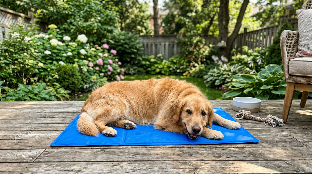 Golden retriever relaxing on a Snoozy Paws cooling mat at home