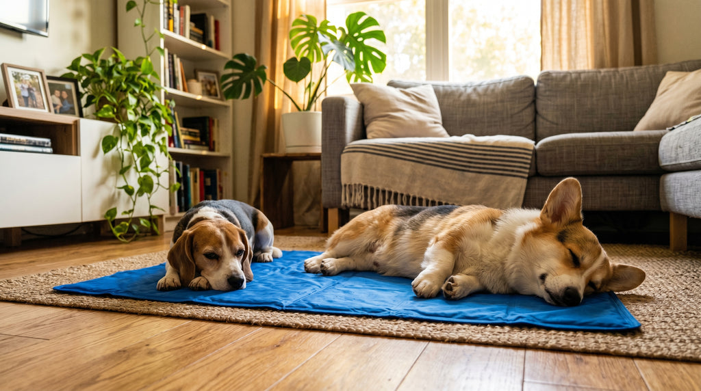 Two dogs cooling off on Snoozy Paws ice-silk mats