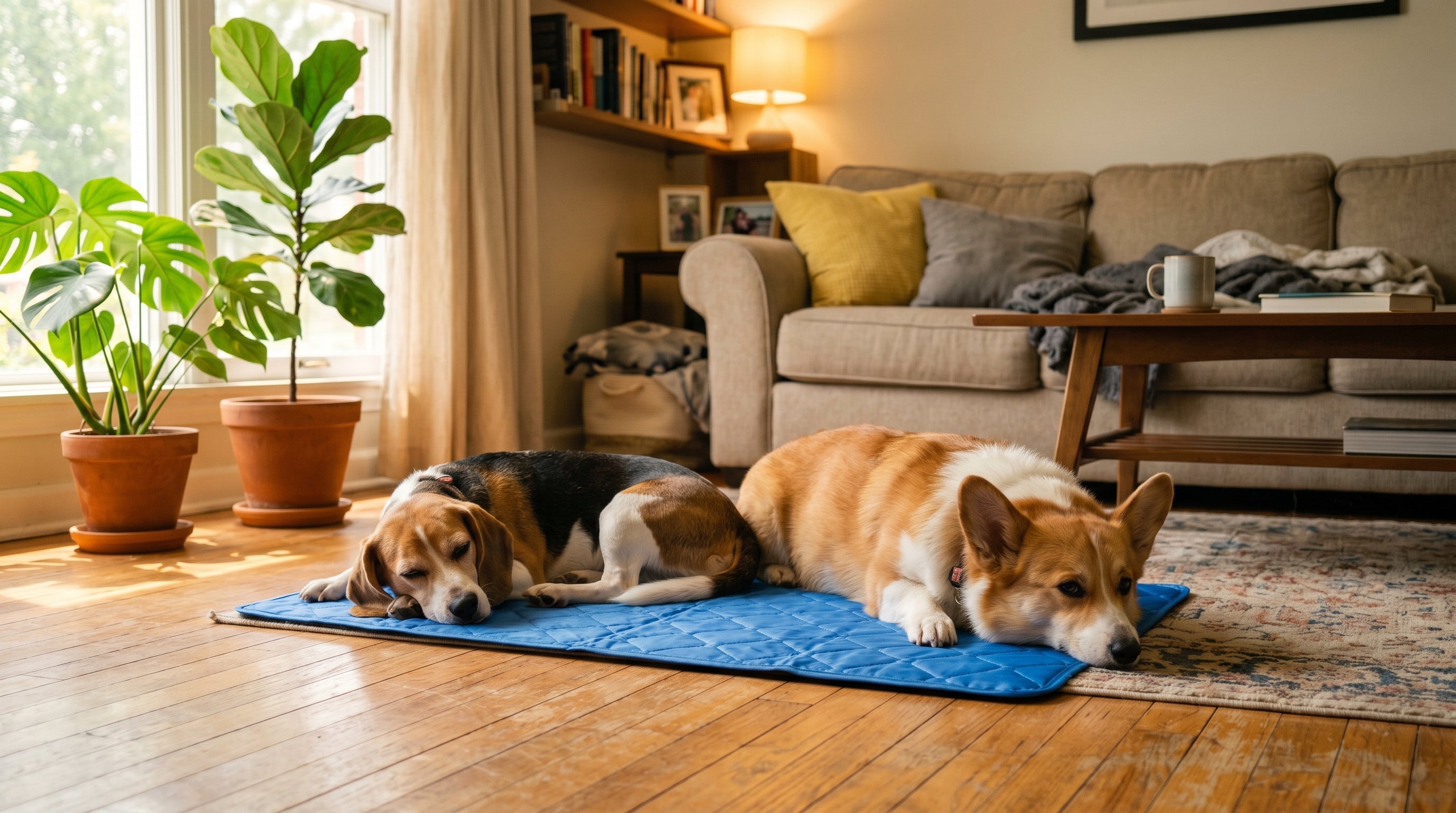 Two dogs lying on Snoozy Paws cooling mats indoors