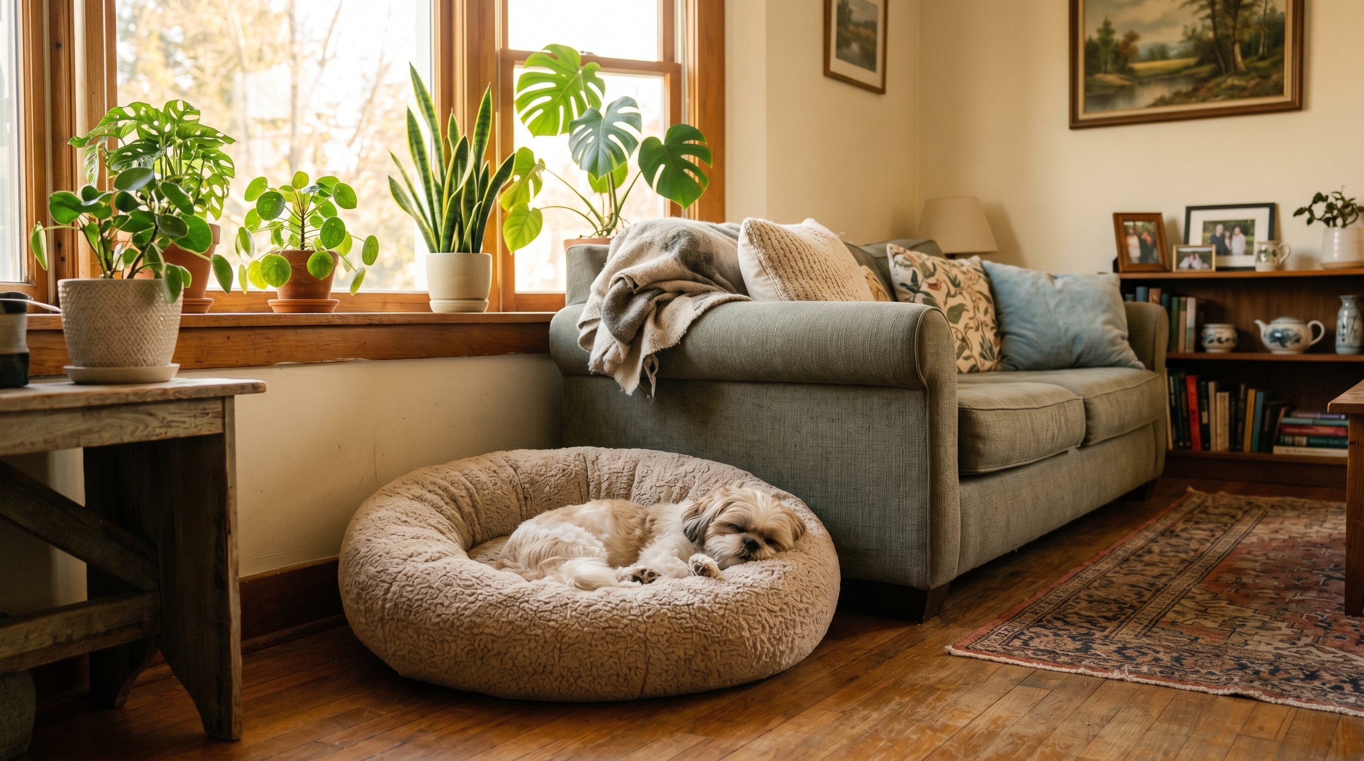 Shih Tzu durmiendo en cuarto soleado con cama cream Snoozy Paws