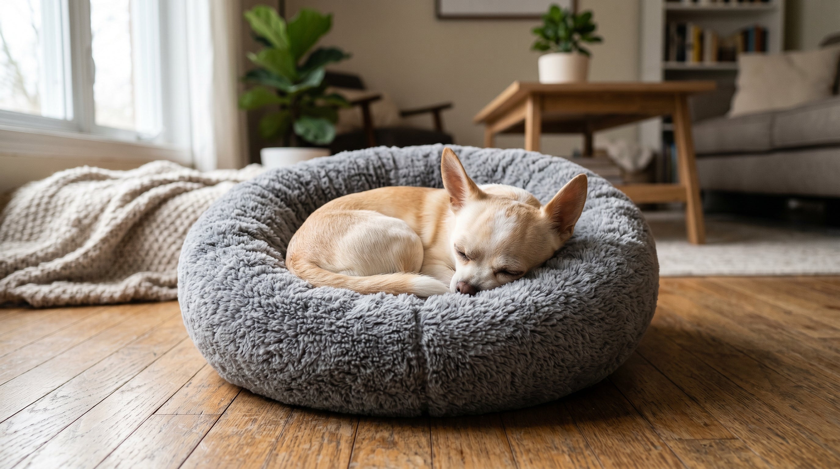 Chihuahua durmiendo tranquilo en la cama gris Snoozy Paws