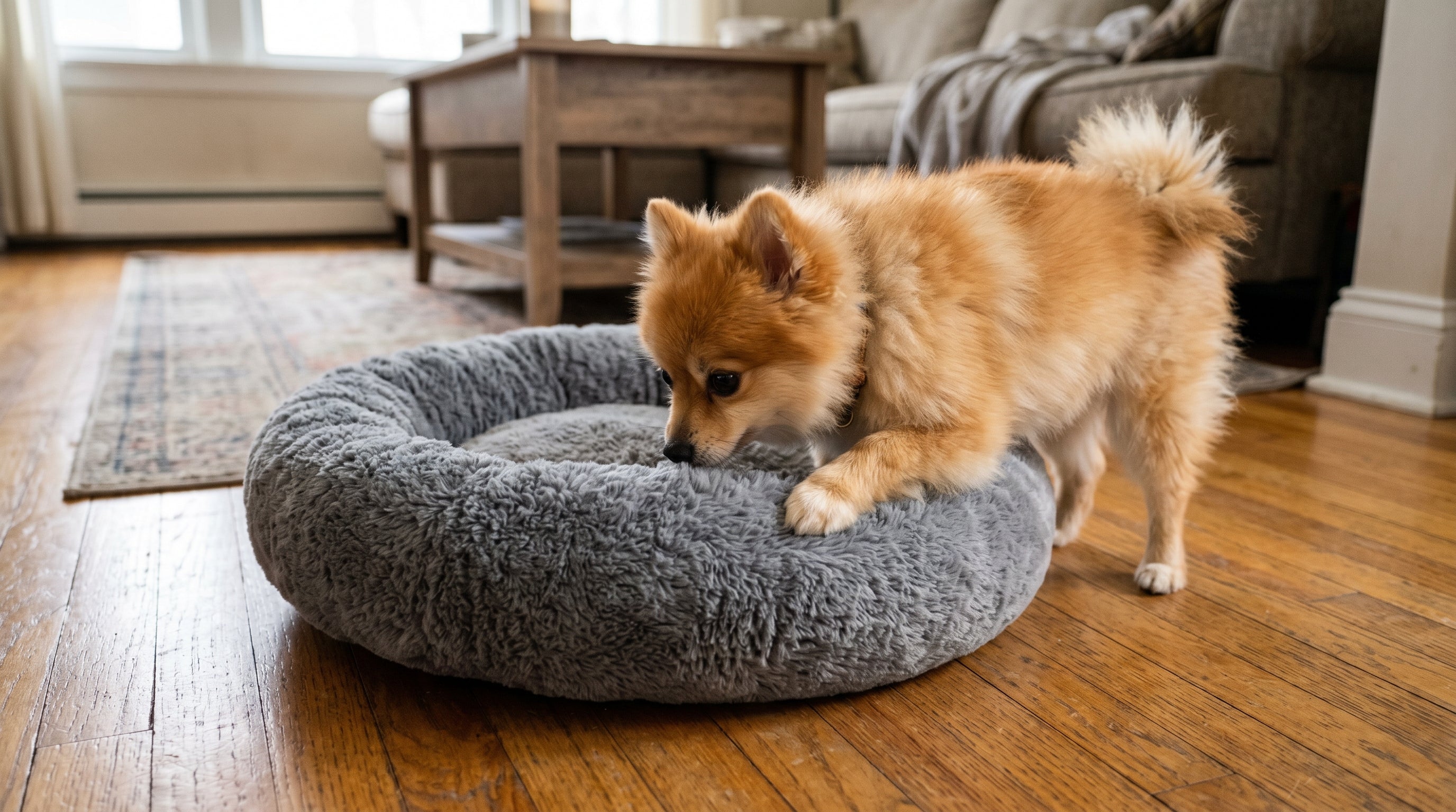 Pomeranian stepping into a gray Snoozy Paws calming donut bed on a wood floor